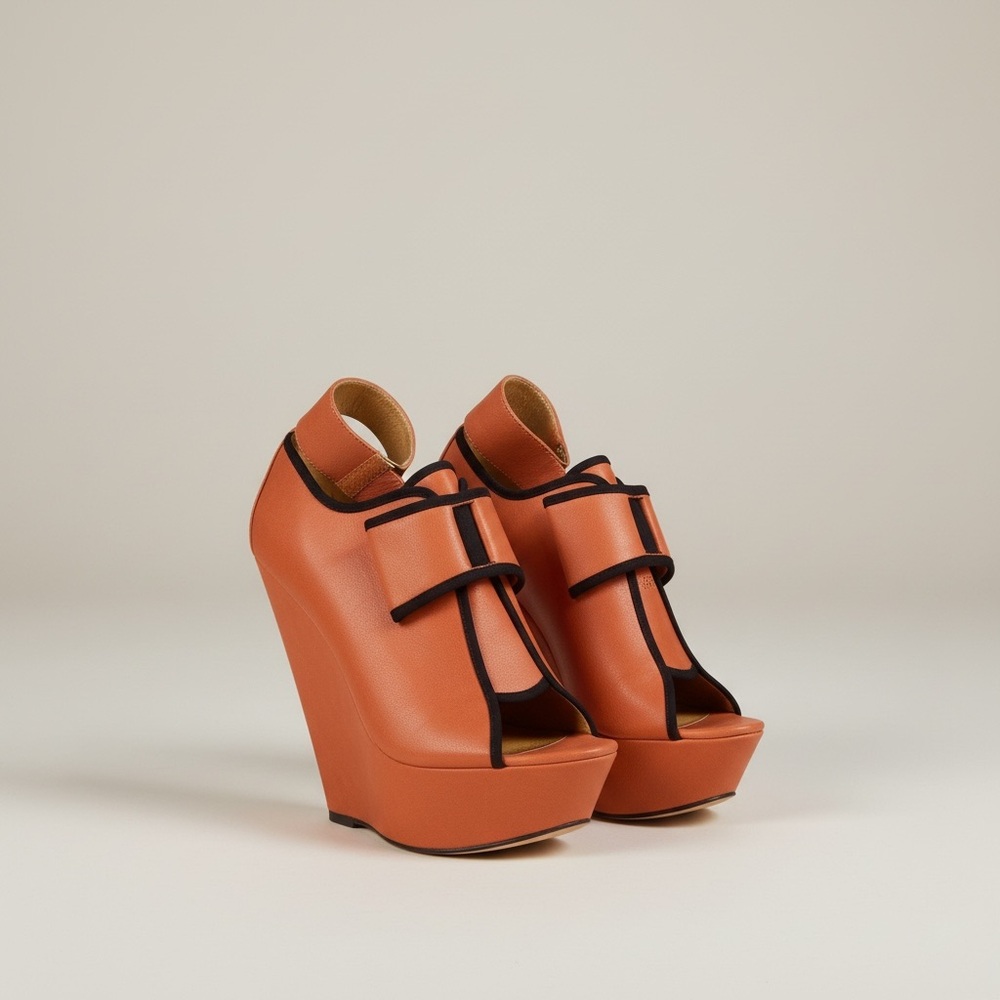 Women's Orange Wedge Peep-Toe Sandals with Black Trim